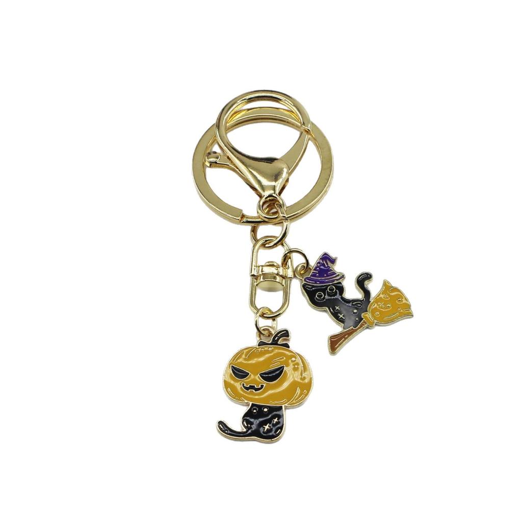 Halloween Cat & Bat Keychain with Wizard Hat, Drip Oil Skull, and Pumpkin Bag Pendant - Alloy Accessories.