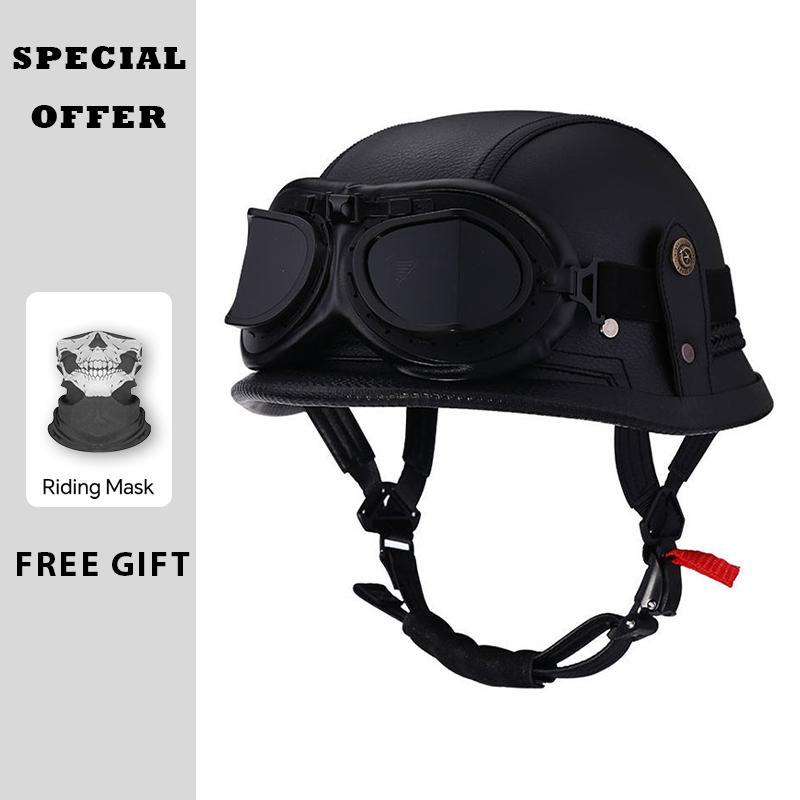 Factory Price Motorcycle Helmets German Style Leather Half Face Helmet DOT Cap1/2 Shell Helmets+Goggles Low Profile Helm Casque