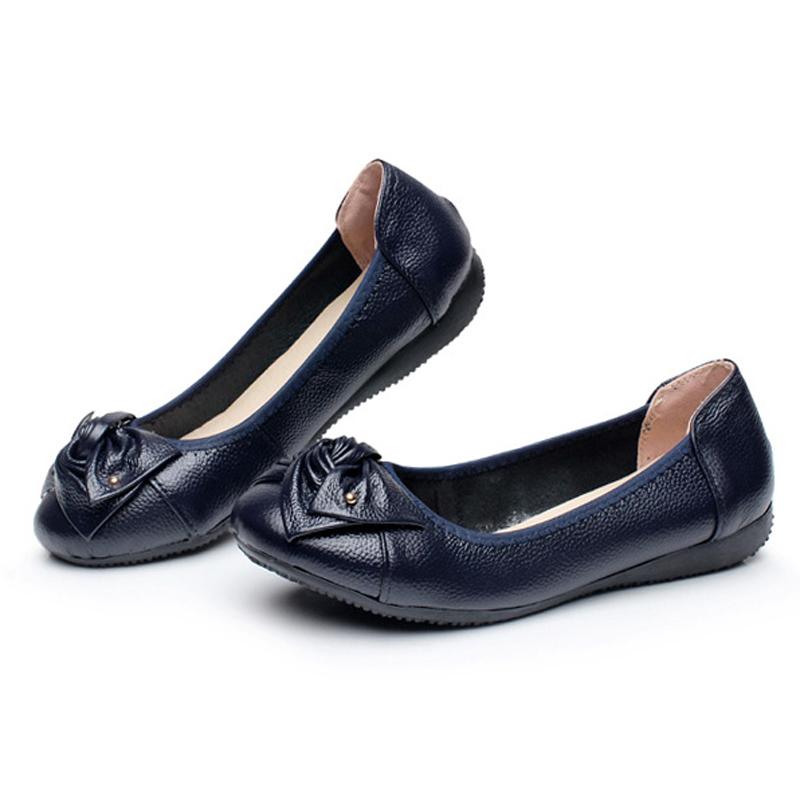 Spring Shoes Woman Flats Genuine Leather Slip On Ballet Flats Bowknot Casual Women Shoes Moccasins Loafers Plus Size 43 WSH3376