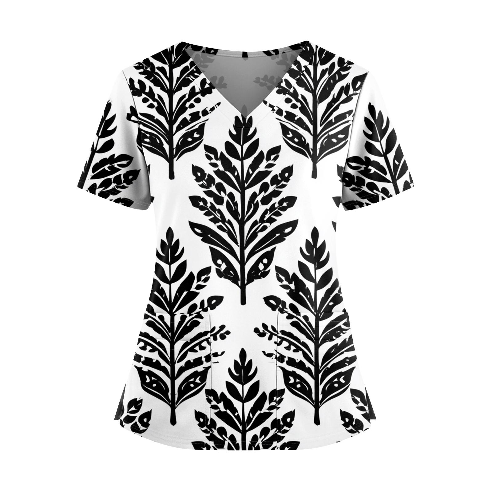 

Женская модная рубашка с цветочным принтом, V-образным вырезом, двойным карманом, короткими рукавами, разрезом по низу и защитным рабочим топом L чёрный