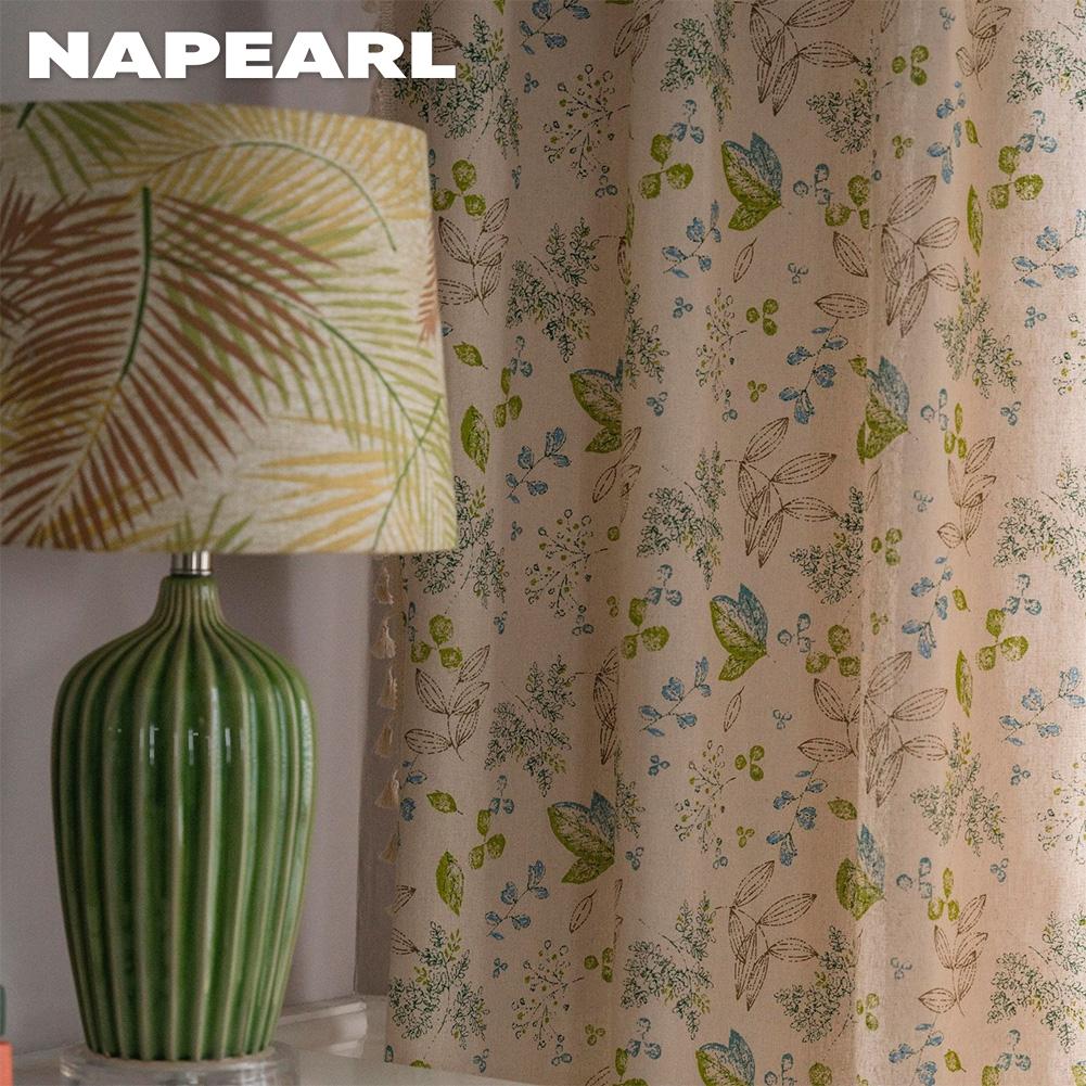 1 stk NAPEARL Bomull og Lin Trykte Beige Dusker Halvmørkleggende Gardiner for Små Vinduer Balkong Hjemmedekor