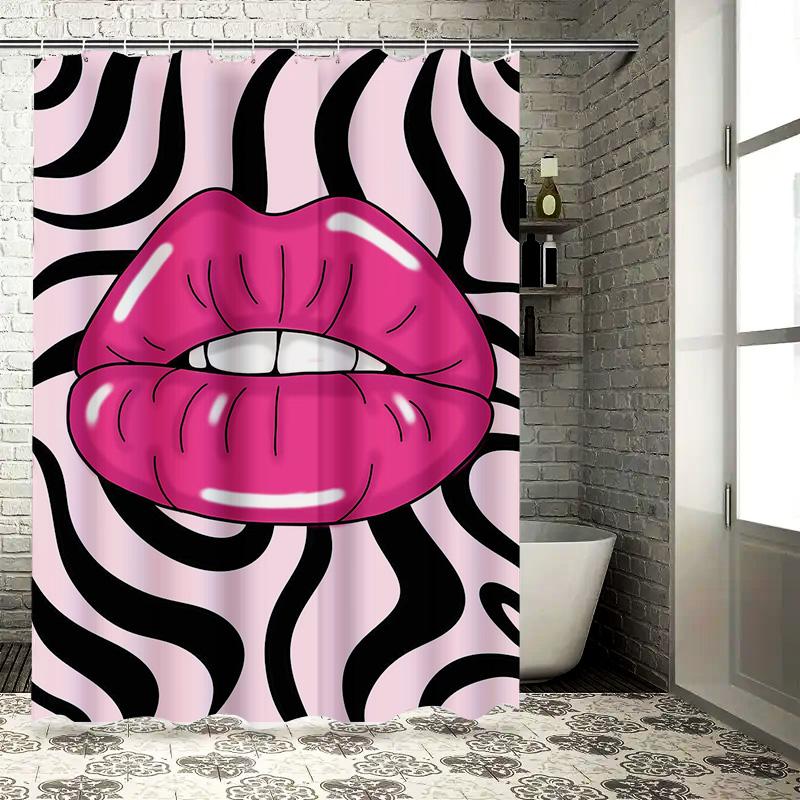 Bold Statement Black White Striped Bath Curtain with Pink Lip Design for Bathroom Decor Durable Waterproof Shower Curtain Set