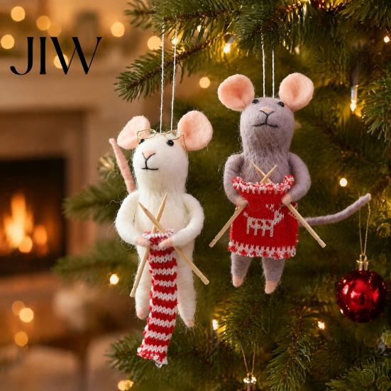 Soft Wool Felt Animal Figurines Christmas Mouse Ornament, Handmade Felted Hanging Decoration, Knitting Theme Xmas Tree Baubles Cute Doll for