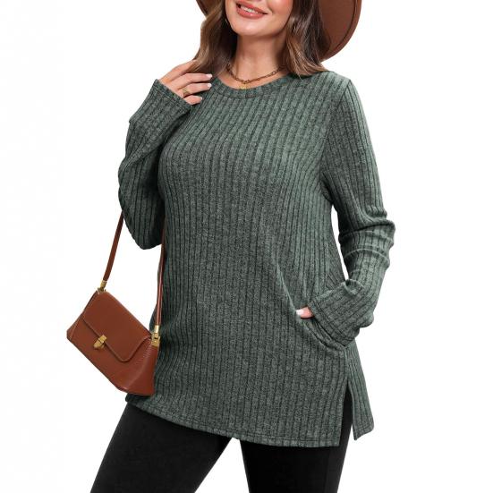 Women Tunic Tops Round Neck Long Sleeve Knit Tops with Side Pockets Solid Color Casual Striped Blouse