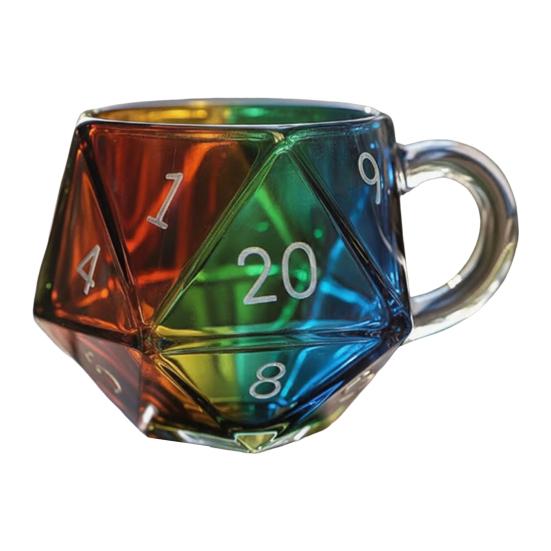 Rainbow Dice Mug Glass Tea Cup Multicolor Funny Coffee Cup Fantasy Themed Home Decor Gift for Dice Lovers