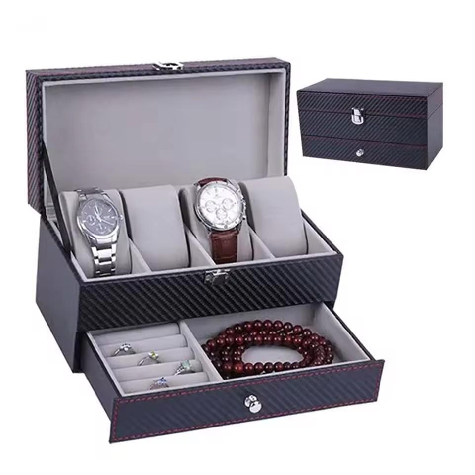 Multifunctional Jewelry Storage Box PU Leather Double Layer 4 Slots Watch Box Case Rings Earrings Bracelet Jewelry Organizer Box