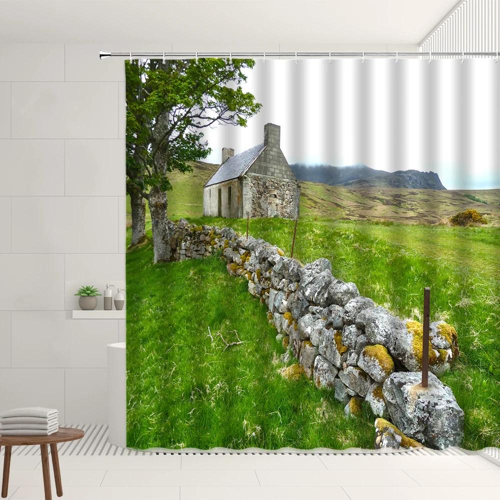 

Farm Scenery Shower Curtain Old Retro Farmhouse Green Bamboo Forest Tree Autumn View Garden Decor Wall Covering Bathroom Screens W60H190(CM)-1 Pcs