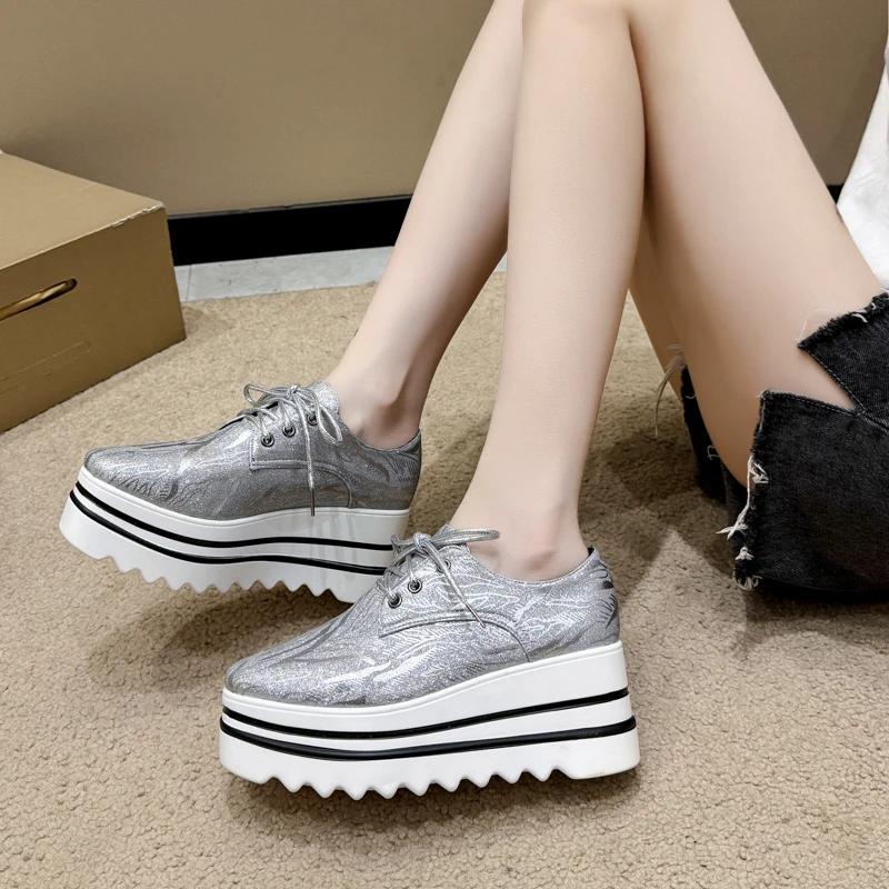 Fashion Fashion Platform Single Shoes Autumn New Round Toe Lace-Up Front Sequin Anti-Slide Heel Low-Top Women's Shoes