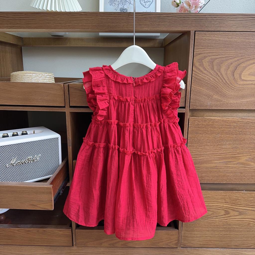 Girls Summer Bow Flutter Sleeve Dress Beach Lace Trim Sleeveless Vest Dress Little Girl Birthday Party Gown