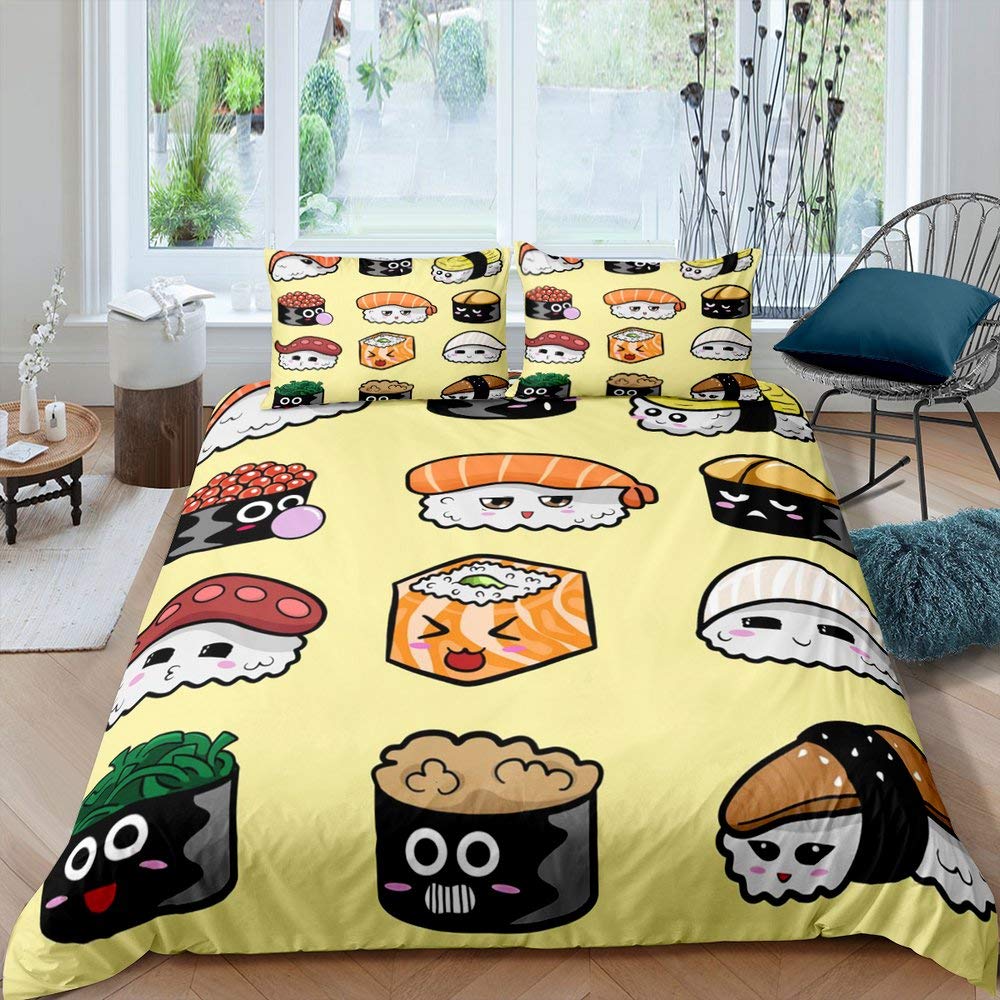 Japan Sushi King Queen Duvet Cover Marine Life Bedding Set Cartoon Japanese Food Quilt Cover Colorful Polyester Comforter Cover