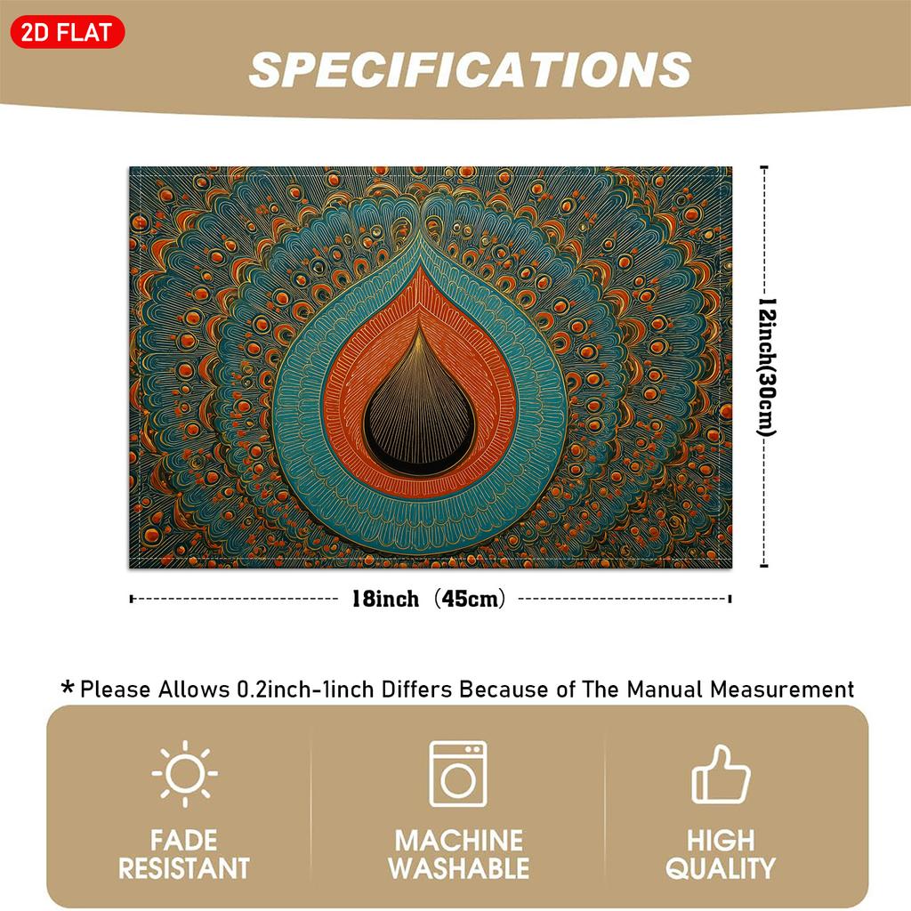 4pcs or 6pcs Elegant Peacock Feather Placemats - Blue & Orange Peacock Feather Pattern Linen Table, Hand Wash Only Rectangular Tableware Suitable for