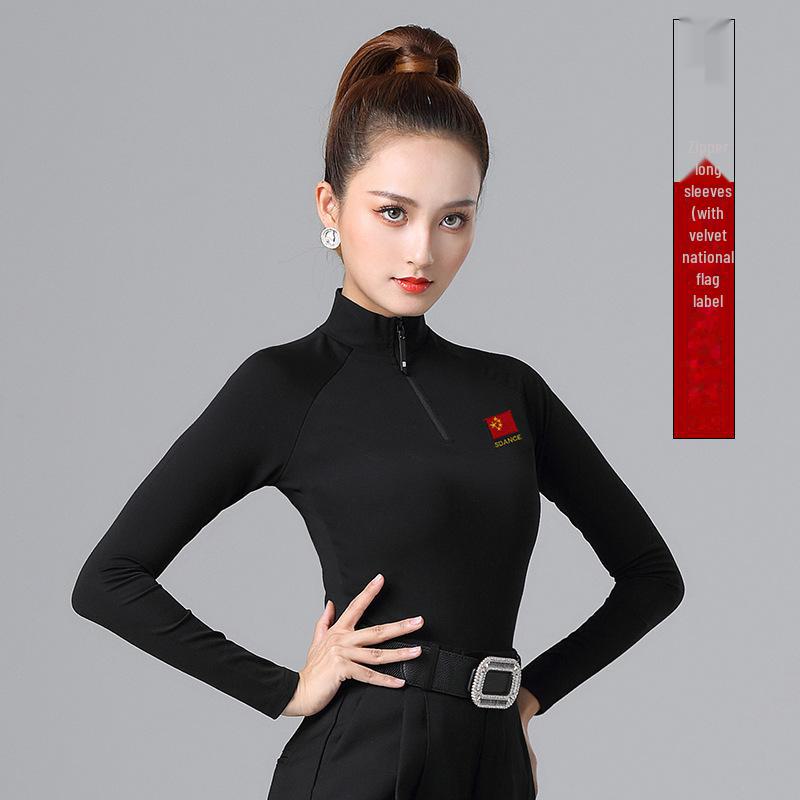 Women's Long Sleeve Zipper High Collar Latin Dance Tops for Autumn and Winter Training