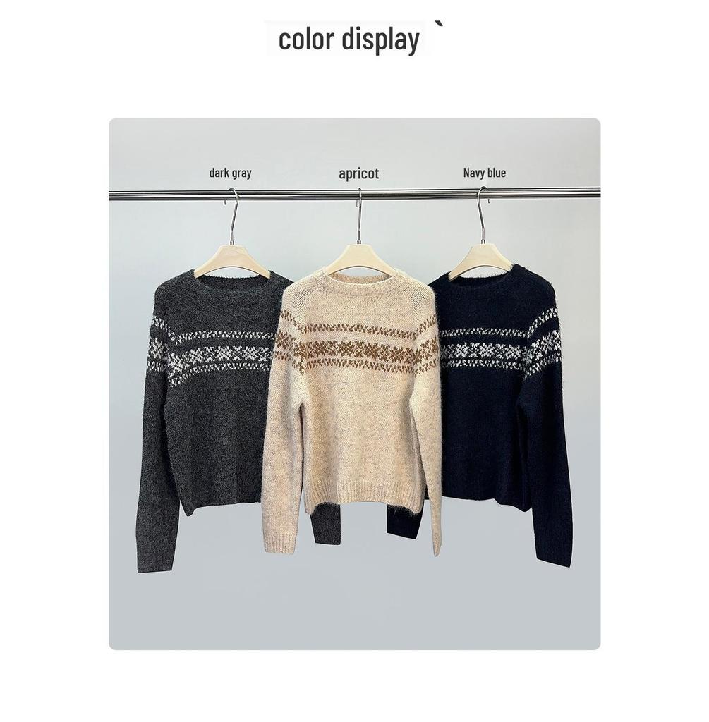 Jiu'er Retro Fair Isle Wool Sweater - Women's Round Neck Fluffy Winter Top