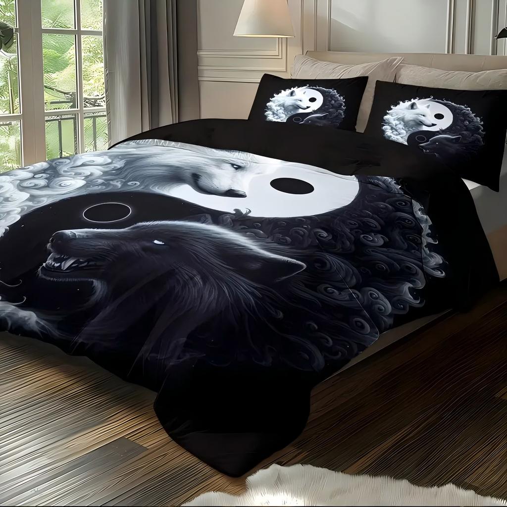 Comforter Fierce Wolf Black White White Tai Chi Pattern 3D Printed Soft Comfortable Bedding Set Wildlife Theme Set