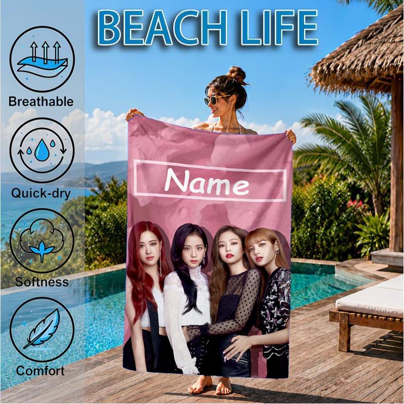 Custom Name Beach Towel Kpop Pink Roses Friendship Microfiber Beach Towel, Lightweight for Summer Travel, Swimming Pool Fan Birthday Gift