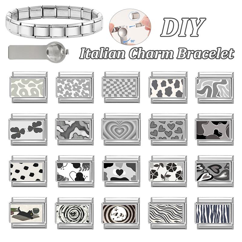 Fashion Personalized DIY Gray Color Italian Charm Bracelet Heart Cat Flower Skull Bead Fit 9mm Bracelet Stainless Steel Jewelry