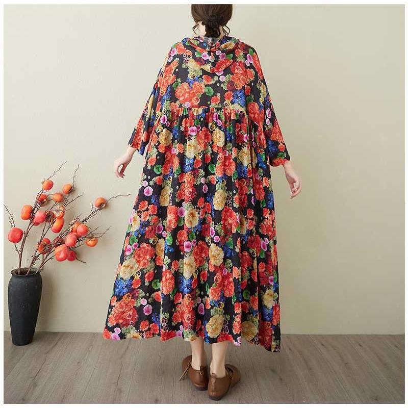 Ladies' Retro Niche Cloud Brocade Yarn Cotton Linen Hooded Printed Dress