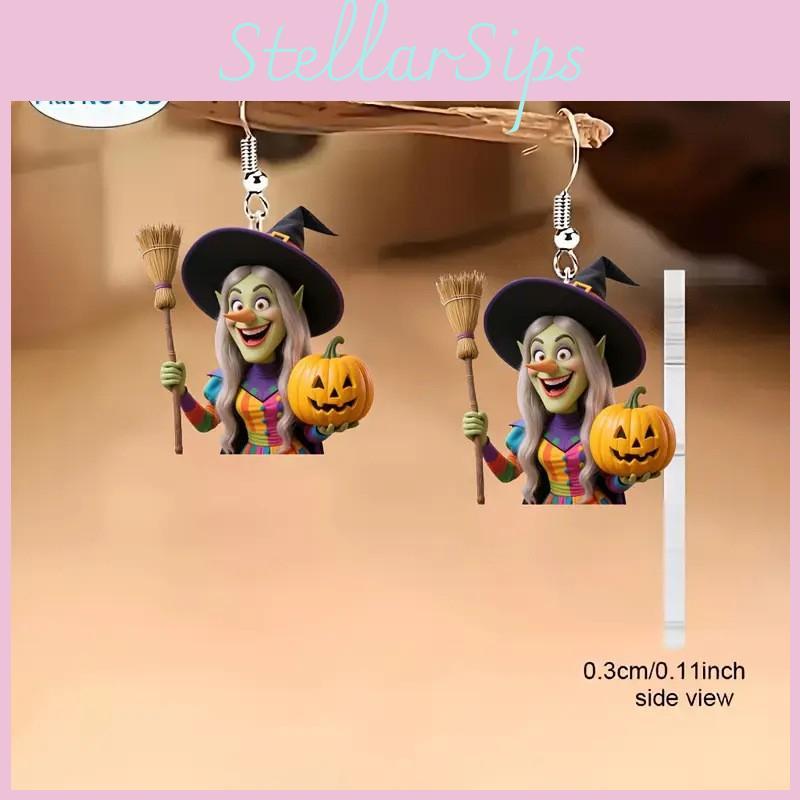 Halloween Theme Witch Broom And Pumpkin Pattern Women Earrings For Women Holiday Party Decor