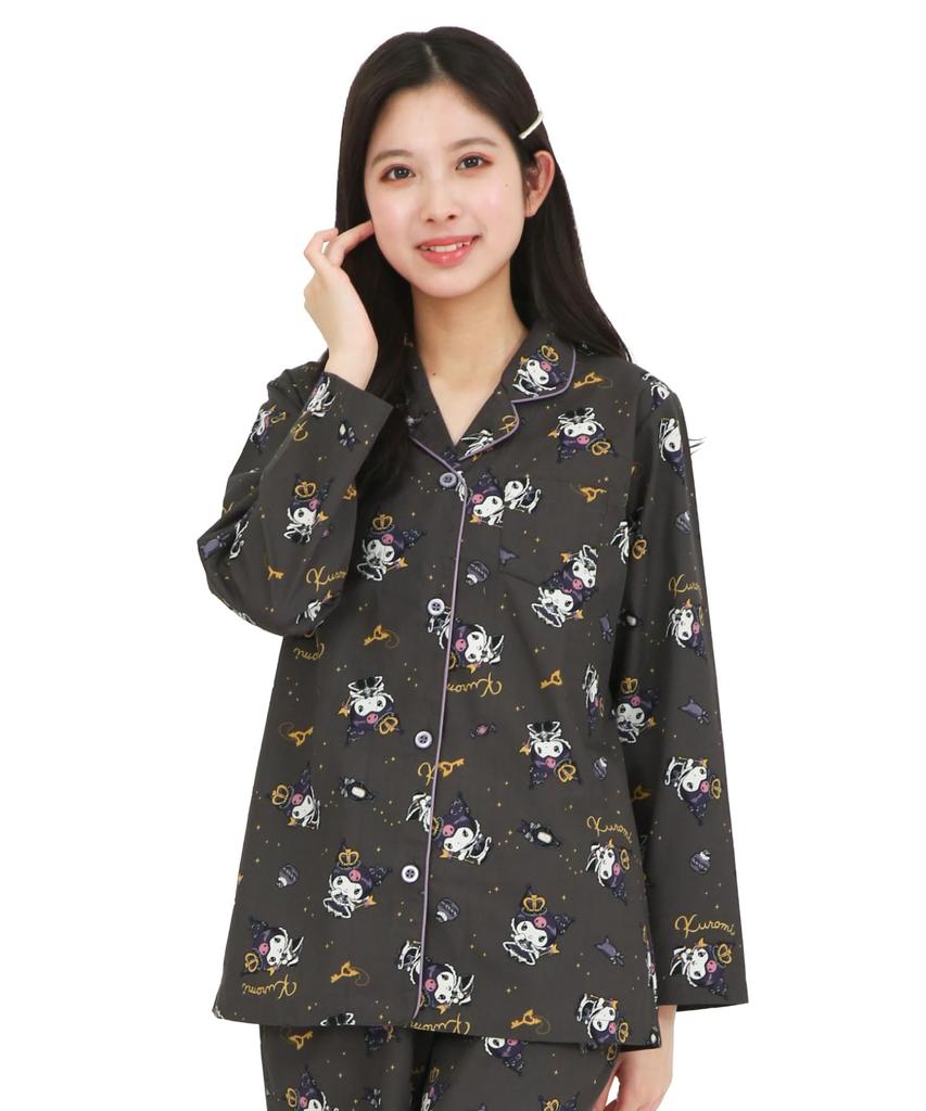 SAZAC Kuromi Shirt Long Sleeve and Pants Loungewear Pajamas, Broadcloth, 100% Cotton, Women's Set, (Black/L/SAN1902)