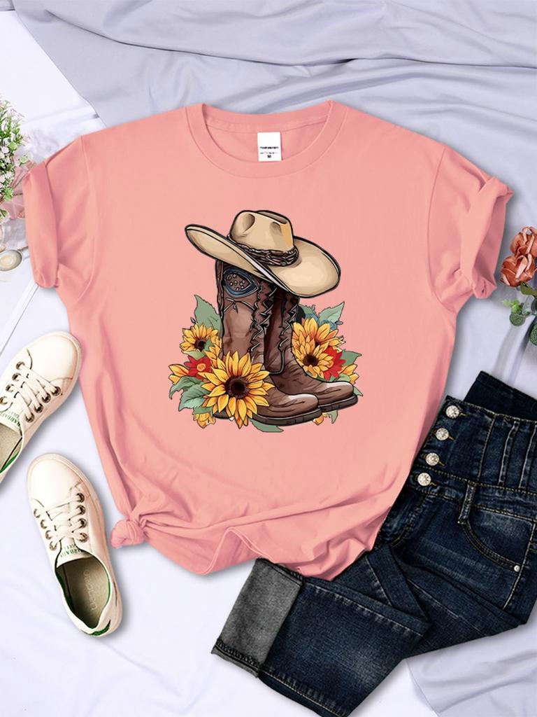 Cartoons Unisex Tshirts Cowboy Riding Boots Sunflowers Printed Tees Oneck Comfortable Soft Short Sleeve Summer Female Clothes