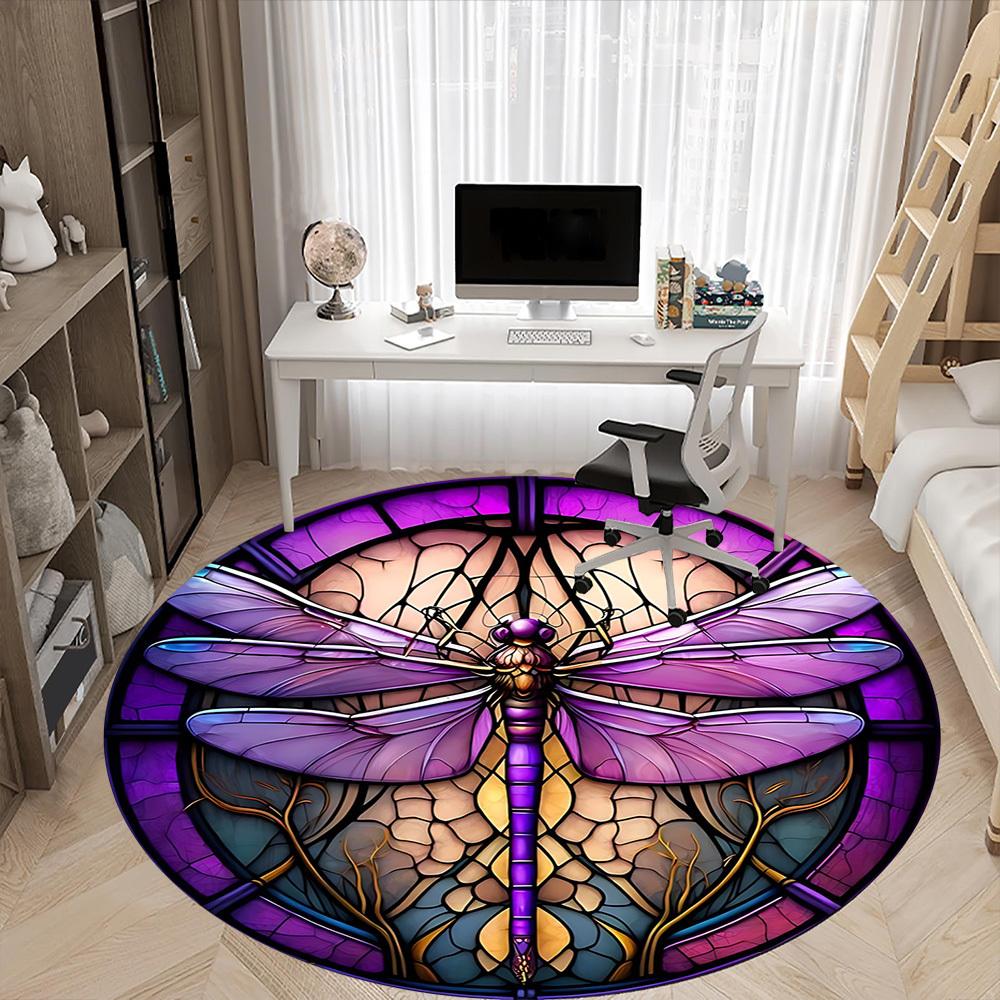 1pc Purple Stained Glass Dragonfly Office Round Area Rug, Under Office Chairs Bedroom Living Room Home Decor, Room Deco