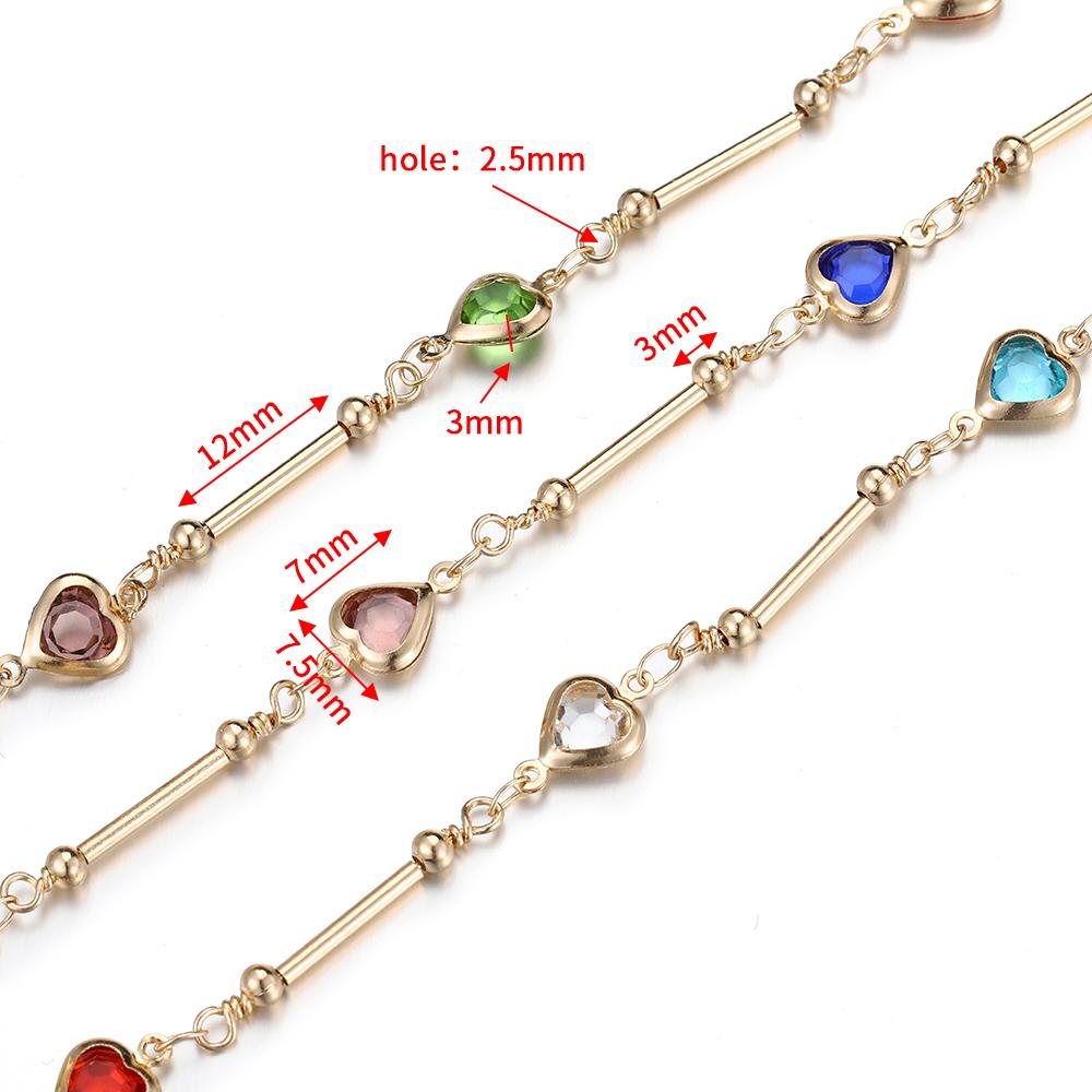 1meter Crystal Beads Chain KC Gold Color Love Heart Beaded Copper Chains for Necklace Bracelet Jewelry Making DIY Components