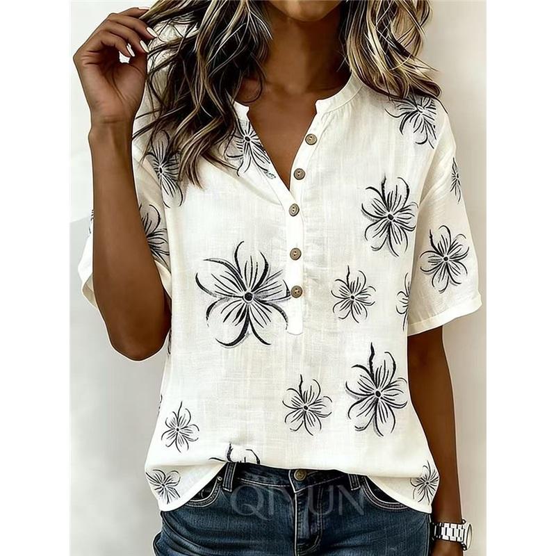 Summer Half Open V-neck Linen Flower Loose Casual Top Shirt Short Sleeve 2XL белый