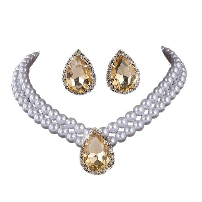 Pearl choker collarbone chain water drop bride multi-layer imitation pearl rhinestone necklace stud earrings set for women