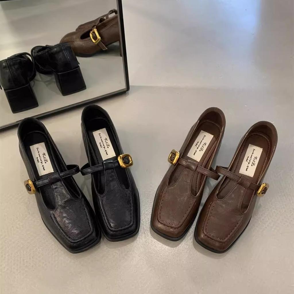 French Retro Square Head Thick Heel Single Shoes Female Spring and Autumn New Evening Wind Korean Version Fairy High Heels Mary Jane Small Leather