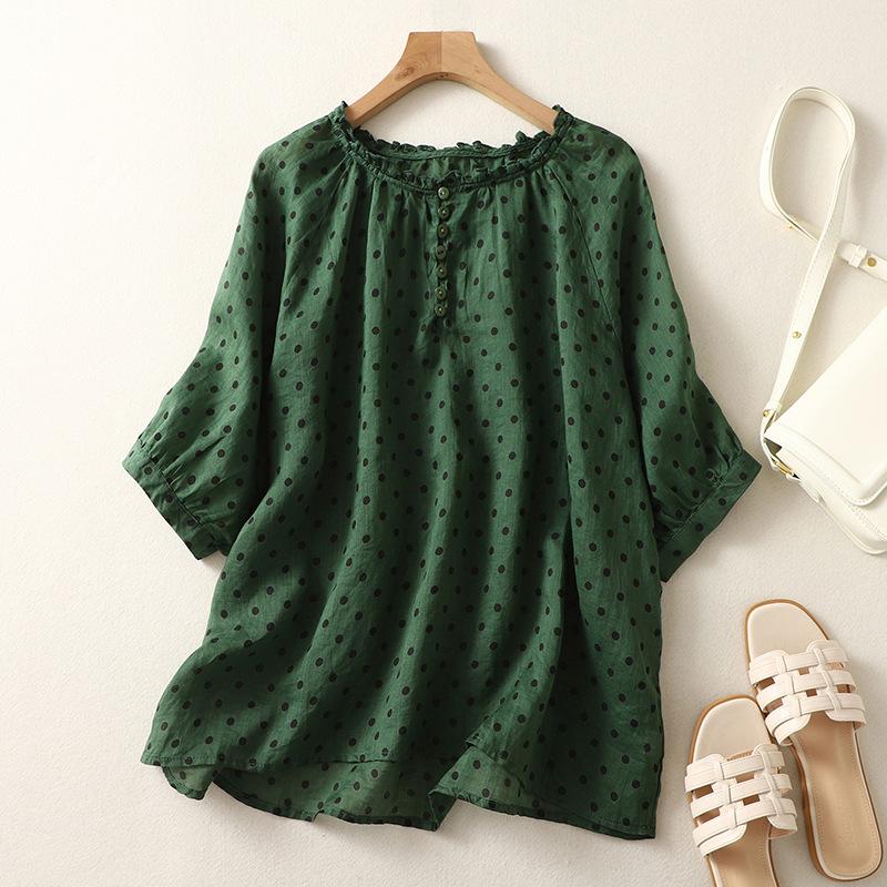 

Винтажная женская футболка в горошек с коротким рукавом с круглым вырезом на пуговицах и рюшами с коротким рукавом, летняя хлопковая дышащая легкая мягкая удобная рабочая рубашка 2XL зелёный