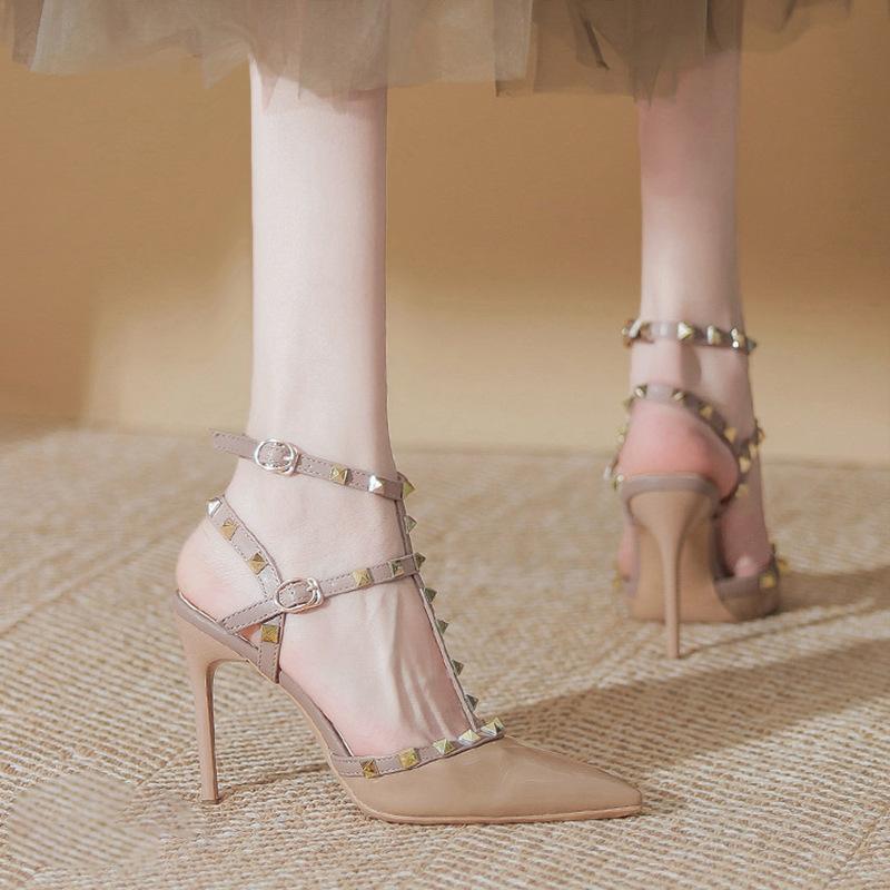 Rivet nude high heels women's stiletto 2025 spring and summer new Roman sandals sexy women's fashion single shoes pointed