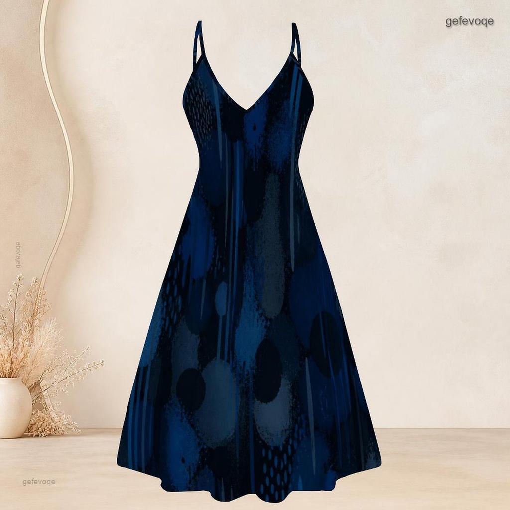 Women Plus Size Two Piece Set Short Sleeve Draped Cardigan Strappy V Neck Flared Printed Dress Dark Blue Gold