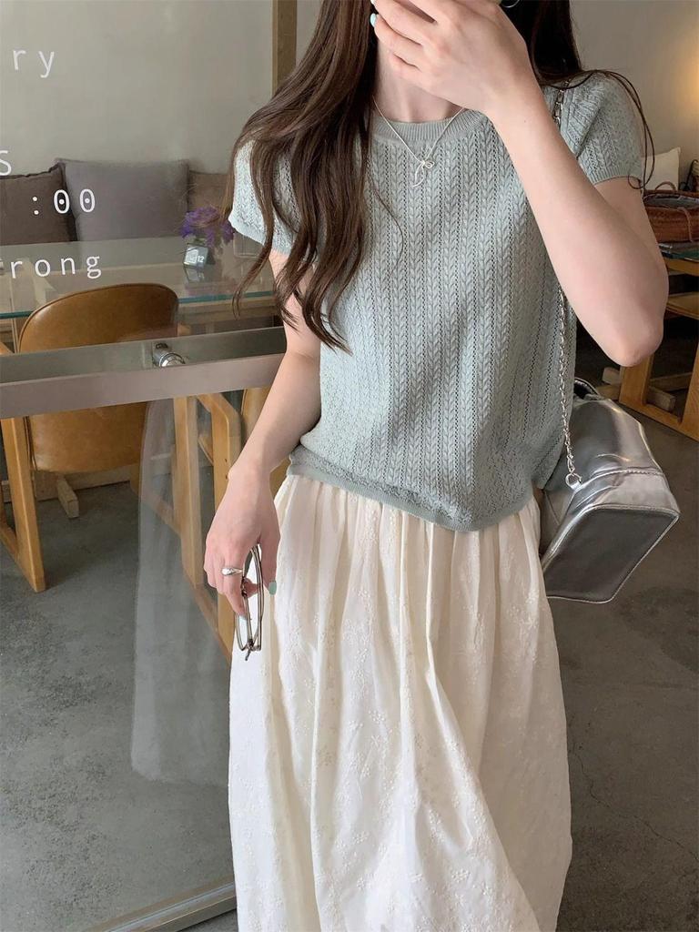 Korean Style Twist Hollow Knitted Short Sleeve Women's Spring/Summer 2025 Top