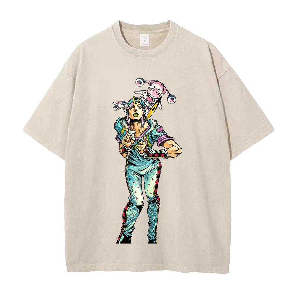 JoJo's Bizarre Adventure Johnny Joestar Tusk Print T Shirt Men Women Clothing Oversized Tshirt Vintage Washed Cotton Streetwear