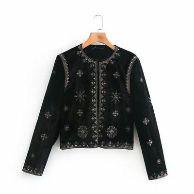Autumn Women's Black Printed Round Neck Vintage Long Sleeve Cardigan Jacket