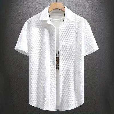 Summer Casual Short-sleeved Men's Shirt Casual Street Wear Jacquard Lapel Button Down Solid Color Men's Vintage Shirt
