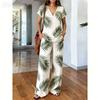 Travel essentials printed two-piece set, vintage elegance V-neck top, loose hierarchy wide-leg pants, vacation style