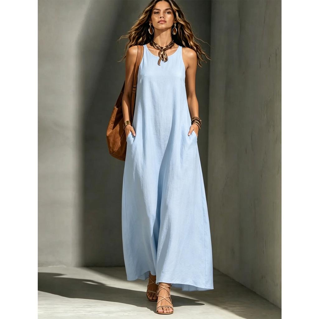 Women's Sleeveless Halter Neck Maxi Dress Loose Fit Solid Casual Long Dress