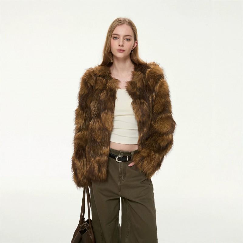 Reed Dream Vintage Fox Fur Coat Womens Winter Loose Fit Round Neck Faux Jacket