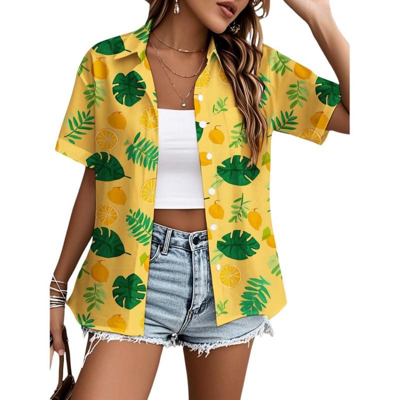 Womens Loose Fit Short Sleeve Printed Shirt Casual Vacation Style Collared Open Front Top
