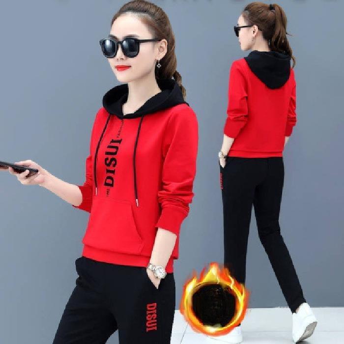 Autumn and Winter Sports Suit Women's Thickened Velvet Hooded Sportswear Casual Loose Running Two-piece Set