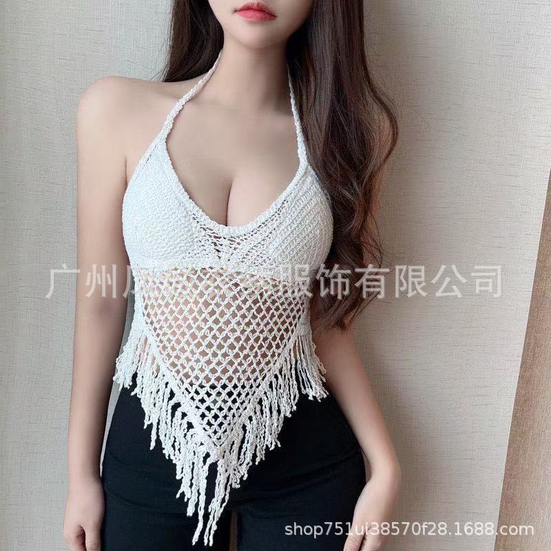 Summer new careful machine sexy backless seaside vacation neck knitted short outerwear top sling vest