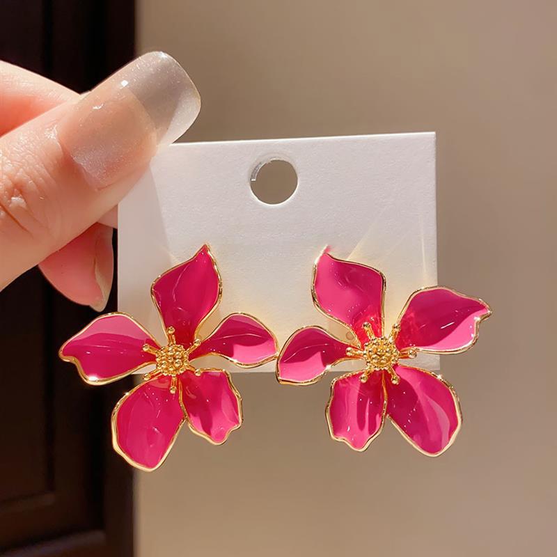Dripping oil pink flower earrings women's fashion sweet stud earrings light luxury high sense new versatile earrings