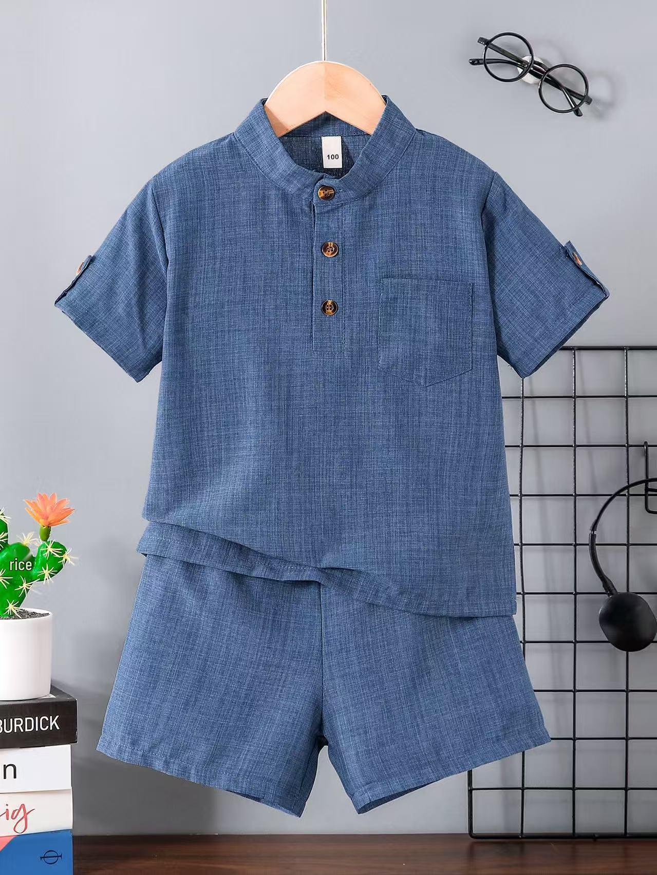 Boys Classic Solid Short Sleeve Half-Zip Stand Collar 2-Piece Set - Summer 2026 100cm