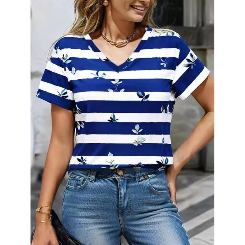 Women's T-Shirts 3D Geometric Color Blocks Graphics Fashion Short Sleeved V-Neck Regular Tops Daily Prints Tee Summer Casual Tops