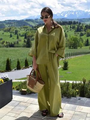 Europäischer & Amerikanischer Stil Damen Leinen Weitärmeliges Hemd und Elastischer Bund Gerades Bein Hosen Set