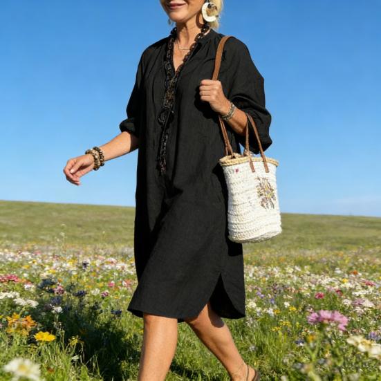 Baumwoll-Leinen-Kleid für Damen Boho Lässig Strandurlaub Sommerkleid Langarm V-Ausschnitt Locker geschnittenes Kleid