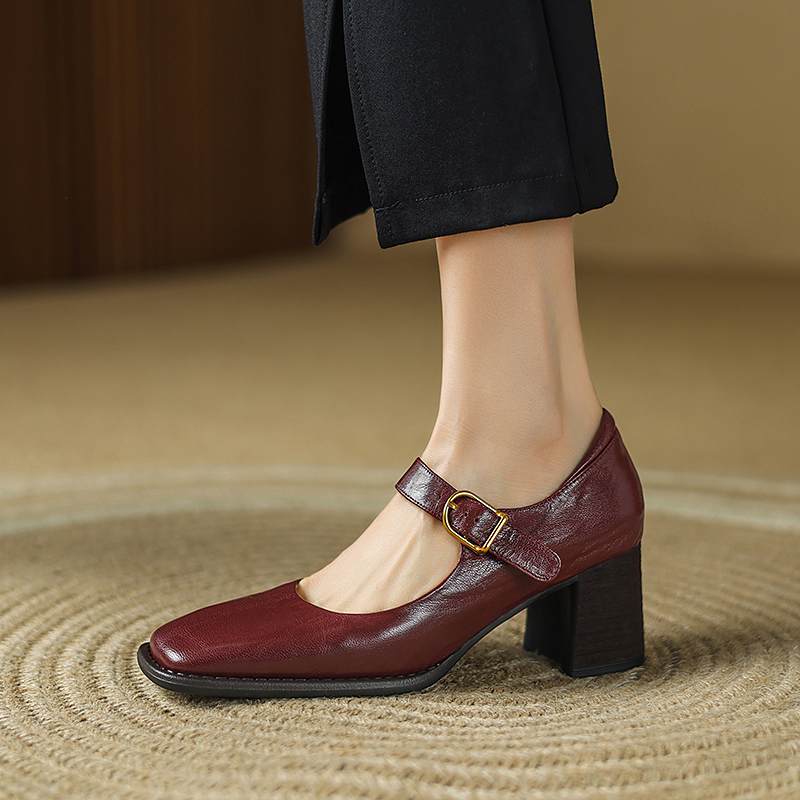 Krazing Pot Sheepskin Fashion Summer Spring Autumn Thick High Heels Metal Buckle Women  European Design Square Toe Pumps