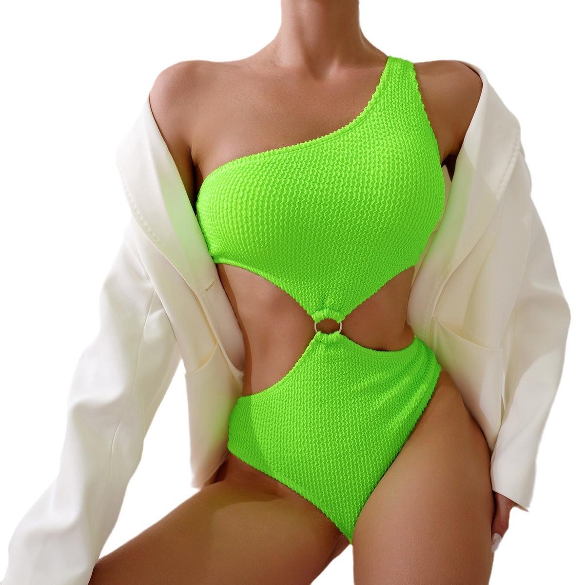 

Summer Fashion Women s Solid Color Bikini Set One-Shoulder Two-Piece Swimsuit with Cut-Out Design Sexy Corset Trendy Beachwear S