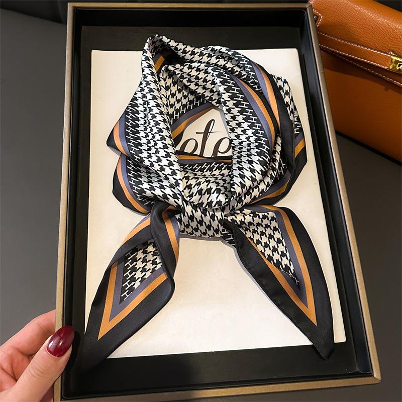 147x14cm Houndstooth Print Narrow Ribbon Women Silk Hair Scarf Luxury Fashion Hijab Headband Neckerchief Foulard Hairband Hijab